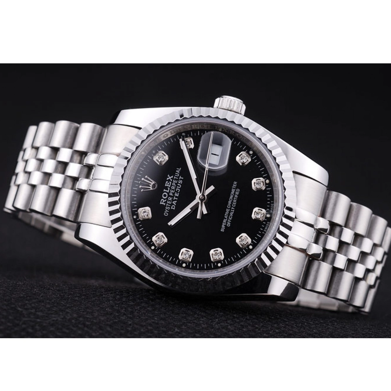 Aaa replica watch Rolex 7458 Black Datejust Ribbed Bezel Diamonds Dial 0731